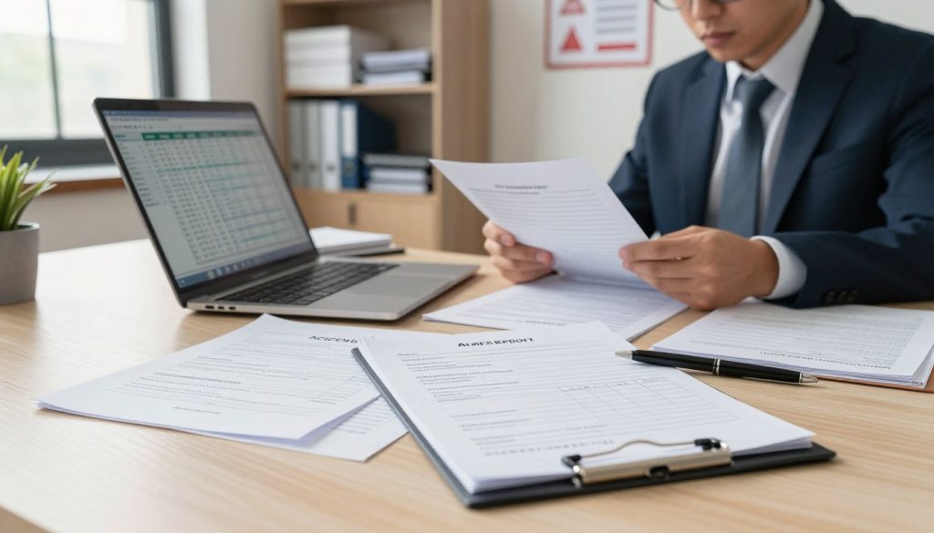 A cluttered office desk in the foreground features neatly arranged accident documentation files, including forms for injury reports, witness statements, and safety inspection checklists. An open laptop is displaying a digital spreadsheet related to the accident, while a clipboard with a pen lies beside the documents. In the middle ground, a professional-looking individual in business attire is reviewing the paperwork, showcasing a focused yet concerned expression. The background reveals a well-lit office environment with shelves of organizational materials and a safety poster on the wall that emphasizes workplace safety protocols. The overall atmosphere is serious and diligent, illuminated by soft, natural lighting coming from a nearby window, casting gentle shadows on the desk to create a sense of depth and professionalism.