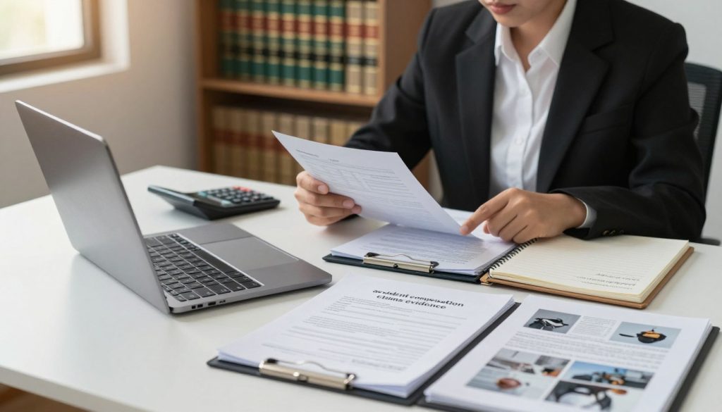 A detailed workspace scene capturing the essence of "accident compensation claims evidence". In the foreground, a neatly arranged table featuring an open laptop displaying a claim form, surrounded by organized folders filled with documents, medical reports, and photographs documenting an accident. In the middle ground, a professional individual, dressed in business attire, is analyzing the documents with a focused expression, while a calculator and a notepad with notes are within reach. In the background, a softly lit room with a bookshelf filled with legal books, a window allowing natural light to filter in, casting a warm glow. The atmosphere is serious yet calm, emphasizing professionalism and diligence in preparing a strong evidence portfolio. The image should be well-composed, with a slight depth-of-field effect to enhance focus on the foreground elements.