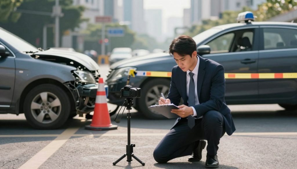 A focused scene capturing a professional documenting an accident scene. In the foreground, a serious-looking individual dressed in smart business attire takes notes on a clipboard while kneeling beside a damaged vehicle. They are concentrated and methodical, with a digital camera on a tripod nearby, capturing details of the scene. In the middle, two damaged cars are positioned at an intersection, with safety cones and police tape indicating the area is secure. The background features a blurred but identifiable cityscape, suggesting an urban environment. The lighting is natural, with soft sunlight illuminating the scene, casting gentle shadows. The atmosphere is serious yet organized, emphasizing the importance of documenting evidence and handling an accident professionally.