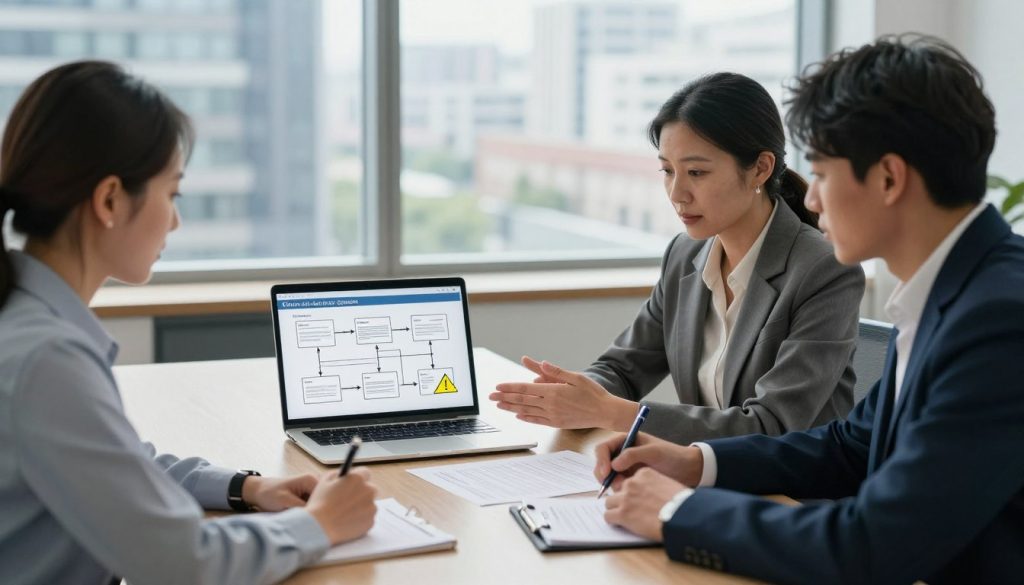 A modern office setting depicting the accident compensation claim process. In the foreground, a diverse group of three professionals are seated around a sleek conference table, attentively discussing documents and taking notes. One person, a middle-aged woman in a smart blazer, gestures towards a claim form, while a young man in a collared shirt listens intently. The middle layer showcases a laptop displaying a detailed claim process flowchart with visuals of steps like filing a report and gathering evidence. In the background, large windows reveal a busy cityscape, with soft natural light pouring in, creating an atmosphere of focus and determination. The overall mood is serious yet collaborative, emphasizing the importance of following essential first steps after an accident, framed from a slight angle to capture the interaction.