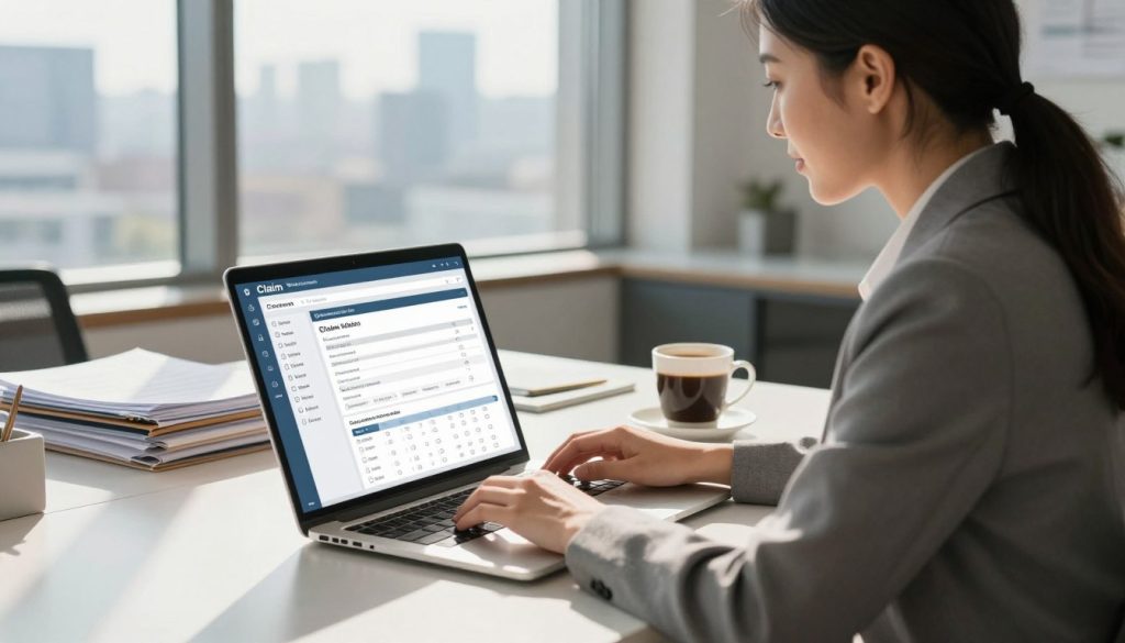 A modern, sleek office environment where a professional woman in business attire is seated at a desk, focused on her laptop while navigating a digital claim submission platform. The foreground features her hands on the keyboard, highlighting a digital screen displaying a user-friendly interface with various claim submission forms and checklists. The middle ground includes neatly organized files and a cup of coffee, adding to the atmosphere of efficiency. In the background, a large window shows a cityscape, letting in natural light that casts soft shadows. The mood is positive and productive, suggesting a sense of empowerment and clarity in the claims process, with warm lighting enhancing the professional yet inviting feel of the workspace.