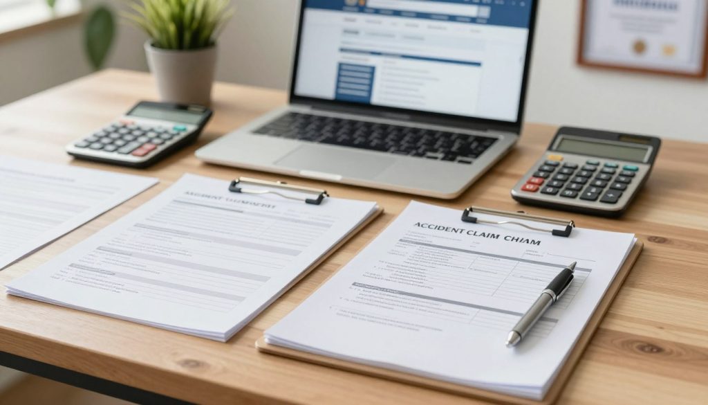 A neatly arranged accident claim paperwork checklist on a clean, wooden desk, featuring a combination of official forms like a claim form, police report, and medical records. In the foreground, focus on a clipboard with neatly written notes, a pen placed strategically beside it. In the middle ground, an open laptop displays an insurance website, with a calculator nearby. Soft, natural lighting illuminates the scene, creating a professional and organized atmosphere. The background shows a subtle hint of a home office with a potted plant and a framed certificate on the wall. The overall mood is focused and diligent, evoking a sense of preparation and seriousness regarding accident claims.