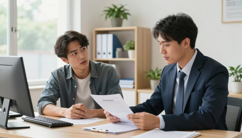 A professional insurance agent and a car accident victim are seated at a cluttered desk in a bright, well-lit office. The agent, dressed in a smart business suit, is attentively reviewing paperwork while the victim, wearing casual yet presentable clothing, looks relieved and hopeful. In the background, shelves filled with insurance brochures and plants add a touch of warmth to the scene. A window reveals a sunny day outside, symbolizing optimism. The focus is on the interaction between the agent and the victim, highlighting empathy and guidance in overcoming claim challenges. Soft natural light filters through the window, creating an inviting atmosphere. The camera angle is eye-level, capturing the earnest expressions of both individuals, emphasizing a supportive and professional environment.