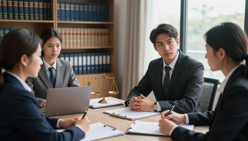 A professional office environment focused on legal considerations for accident claims. In the foreground, a diverse group of three professionals in business attire—two lawyers and a client—are engaged in a serious discussion around a desk cluttered with legal documents, a laptop, and a pen. The middle ground features shelves lined with legal books, and a small bronze scale of justice subtly positioned on the desk. The background shows a large window with soft, natural lighting filtering in, casting gentle shadows. The overall mood conveys seriousness and professionalism, representing the critical nature of understanding legal pitfalls in accident claims. The composition utilizes a slightly elevated angle to capture the intensity of the discussion, ensuring a clear focus on the characters and their environment.