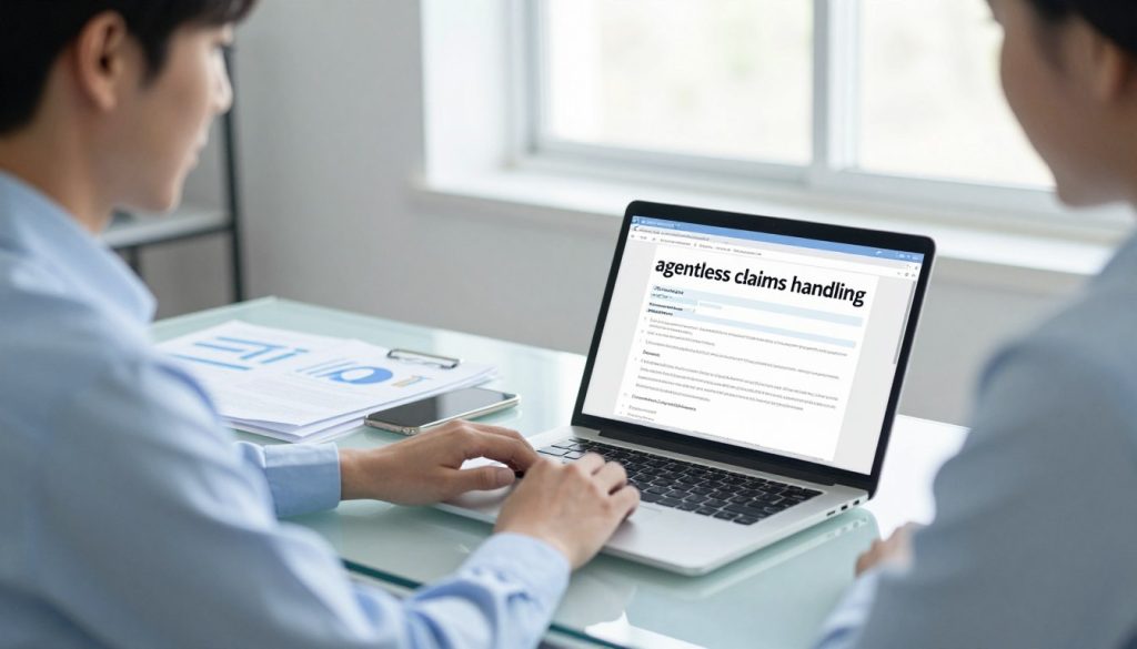 A serene and organized workstation depicting "agentless claims handling." In the foreground, a professional individual, dressed in business attire, sits at a sleek desk with a laptop open, displaying a digital claims form. The middle layer features a variety of documents, charts, and a smartphone, symbolizing the self-managed claims process. In the background, a bright window allows natural light to flood the room, enhancing the atmosphere of clarity and focus. The color palette comprises soft blues and whites to evoke a sense of calm and efficiency. The scene is shot at a slight angle to give depth, with an emphasis on the individual’s attentive expression, reflecting confidence and proactive problem-solving as they navigate common challenges in self-managed claims.