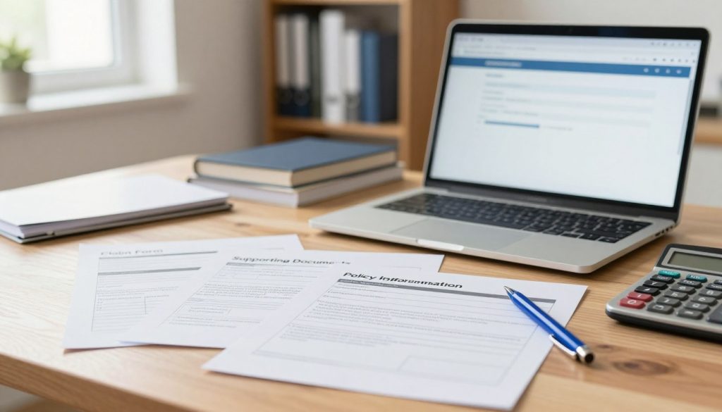 A well-organized and detailed insurance claim paperwork scene on a wooden desk. In the foreground, neatly stacked forms with headings like "Claim Form," "Supporting Documents," and "Policy Information" are prominently displayed, alongside a blue pen and a calculator. The middle section features an open laptop showing a blank email draft ready for submission, conveying a sense of digital documentation. In the background, a soft-focus bookshelf lined with insurance-related books and folders adds depth. Natural daylight streams in through a window, creating an inviting yet professional atmosphere. The overall composition should reflect a sense of responsibility and diligence in the claim filing process, with an emphasis on clarity and organization. Soft shadows and warm tones enhance the mood.