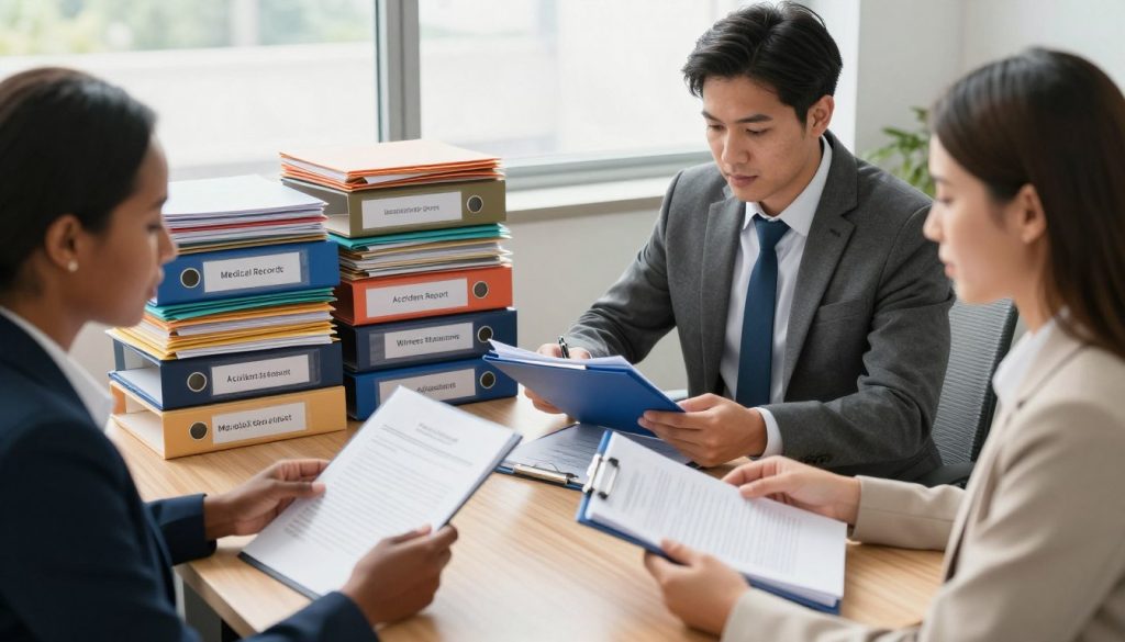 A well-organized office desk setting focused on the theme of organizing claim documents for an accident claim. In the foreground, a diverse group of three professionals, a Black woman, a Hispanic man, and a Caucasian woman, dressed in smart business attire, are engaged in conversation while examining various document folders and forms. The middle ground features a large, neat pile of color-coded file folders labeled with different categories such as "Medical Records," "Accident Report," and "Witness Statements." In the background, a window allows soft, natural light to illuminate the space, enhancing the focused atmosphere. The mood is efficient and professional, highlighting the importance of systematic document organization. The camera angle is slightly above eye level, providing a clear view of the actions and documents being handled.