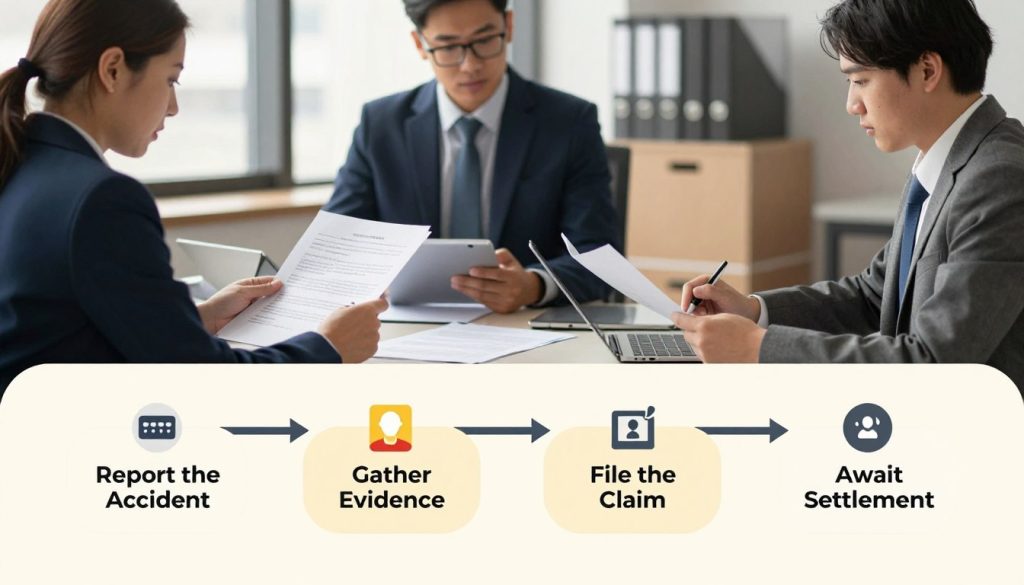 An illustrative infographic of the accident claim process depicted step by step, with a professional and organized layout. In the foreground, a stylized flowchart showcasing key stages such as "Report the Accident," "Gather Evidence," "File the Claim," and "Await Settlement." The middle section features visual representations of professionals—such as a claims adjuster and a policyholder—interacting with documents and electronic devices, all dressed in smart business attire. The background includes a blurred office environment with a hint of windows and filing cabinets, creating a corporate atmosphere. Soft, natural lighting highlights the characters and flowchart, while a slightly elevated perspective gives an overview of the entire process. The mood is informative and reassuring, emphasizing clarity and organization in navigating the claims process.